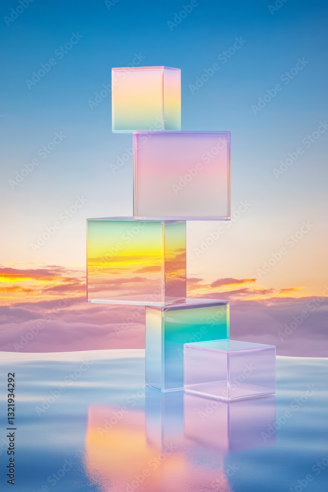 Poster a high-definition conceptual artwork featuring smooth cubes softly illuminated by vibrant gradients