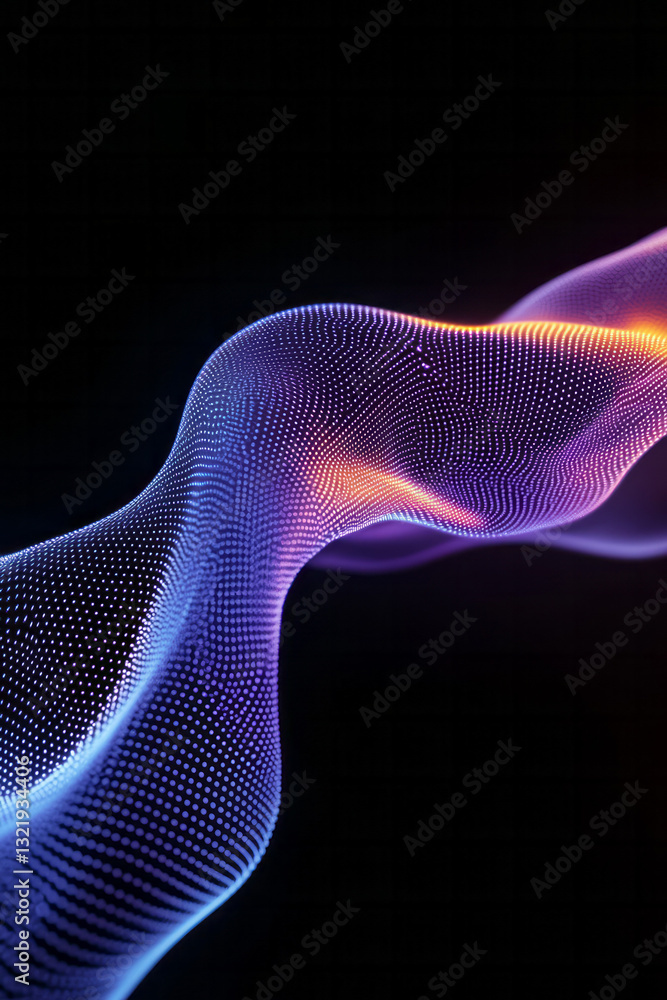 Poster a dynamic abstract visualization featuring smooth, glowing purple wireframe meshes flowing