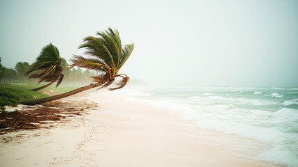 Stormy beach scene with swaying palm trees and crashing waves, showcasing nature's power and beauty, tropical paradise, weather phenomenon, coastal landscape, serene atmosphere, nature concept