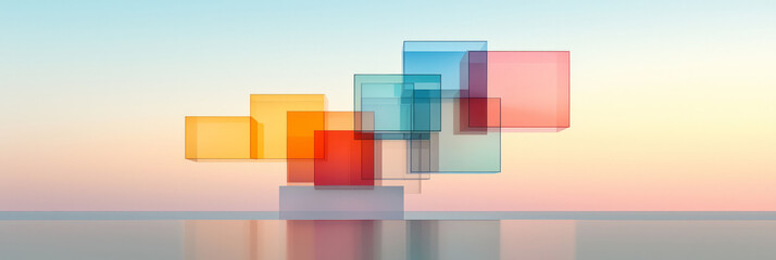 A visionary 3D illustration of colorful geometric blocks gently floating, smoothly reflecting