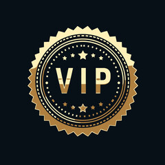 Ornate gold VIP badge with serrated edge on dark background. Elegant emblem for exclusive invitations, premium membership cards, VIP section indicators.