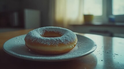 Freshly Baked Donut Dusting with Powdered Sugar on Wooden Table