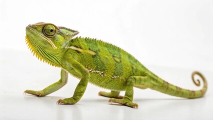 Chameleon in full view on white studio  background