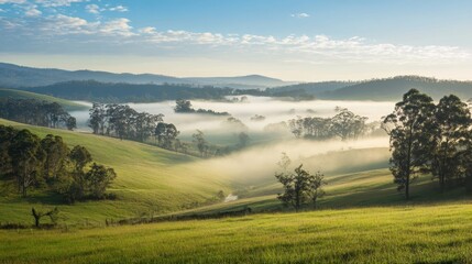 A beautiful landscape showcasing rolling green hills and misty valleys