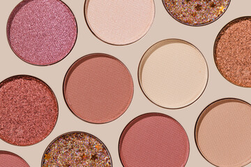 Cosmetics texture pattern, Warm vivid colored eye shadow makeup palette, round eye powder swatches....