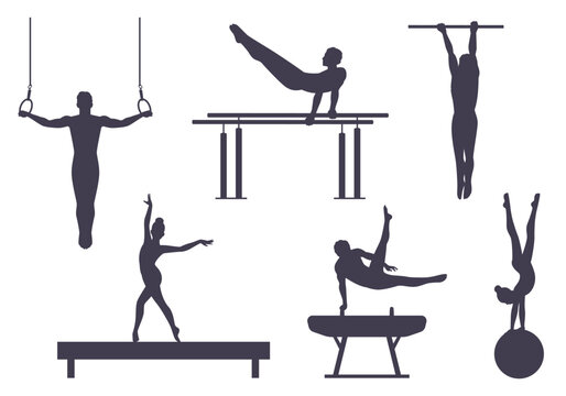Set silhouettes athletes. Men and women professional gymnasts. Acrobat on sport competition. Strong people with ball and rings. Acrobatic performance icons. Vector isolated set
