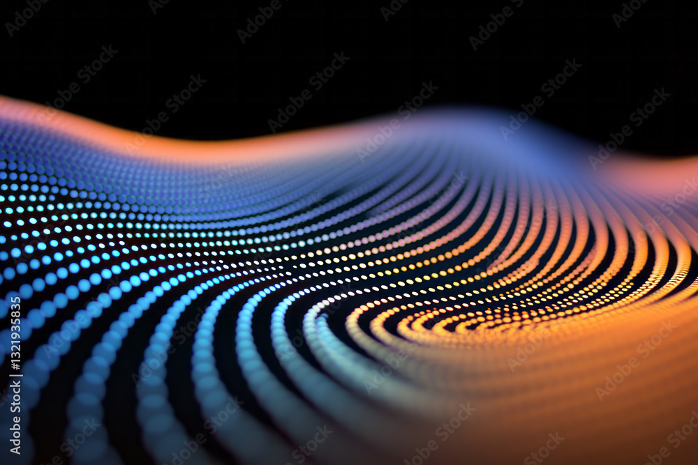 Poster a high-definition digital composition of vibrant glowing dots smoothly cascading in rhythmic wave