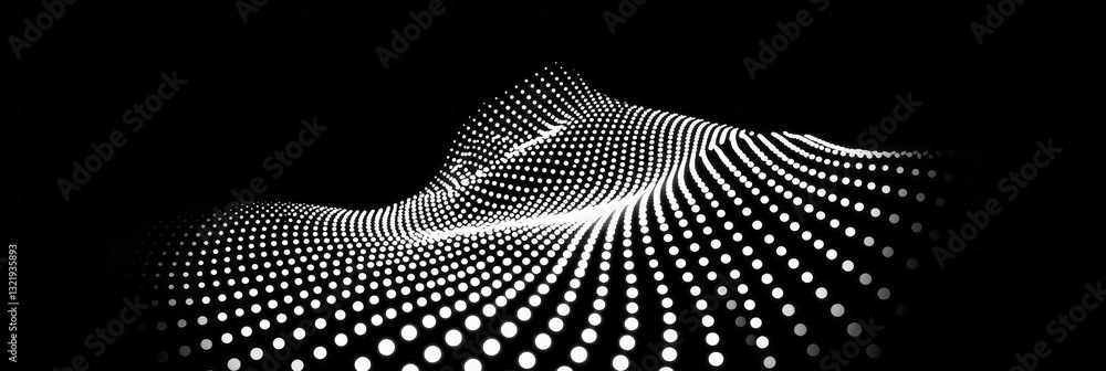 Poster a minimalist digital scene capturing glowing dots arranged in flowing, rhythmic wave patterns,