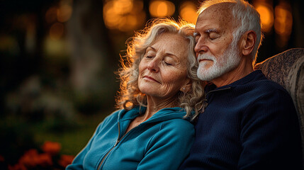 Elderly husband and wife enjoying tender moment in warm evening glow