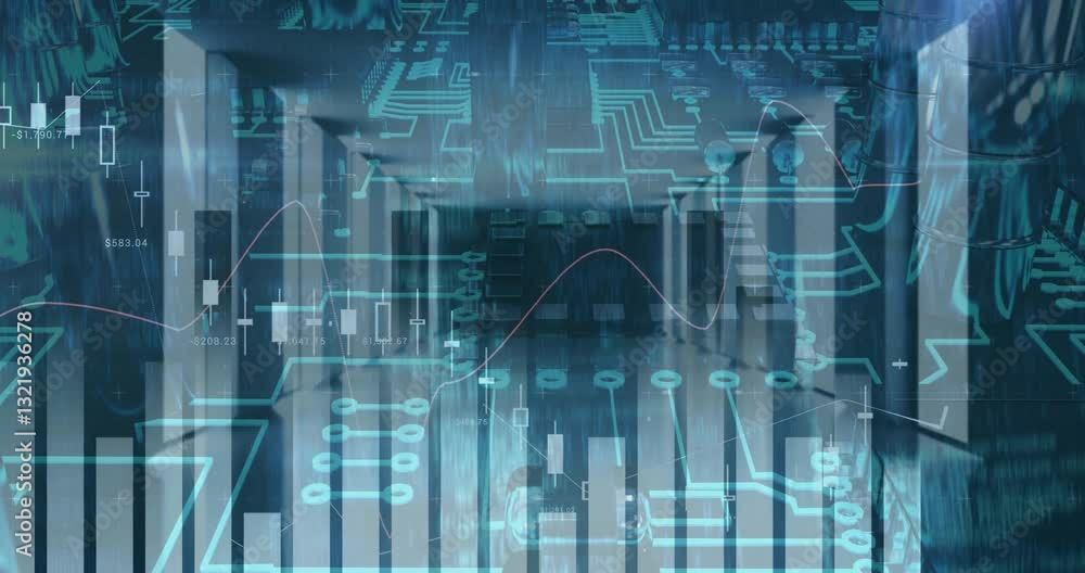 Poster technology integration with digital graphs and circuit patterns overlaying cityscape animation