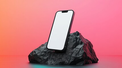 Modern smartphone rests on a dark rock, showcasing a blank screen against a vibrant gradient background