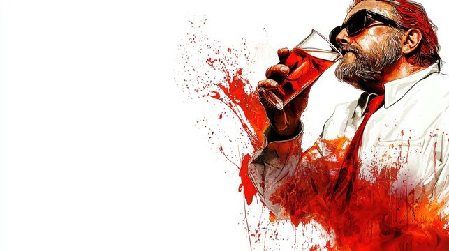 Man drinking red liquid, blood splatter background, dramatic portrait, film poster