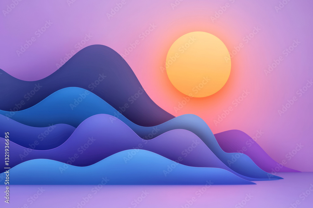 Poster a minimalist digital composition showcasing smooth, layered navy-blue waves dynamically positioned