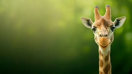 Naklejka premium Gentle Giant: A serene giraffe gazes directly at the camera against a lush green backdrop, showcasing the intricate patterns of its coat and conveying a sense of peace.