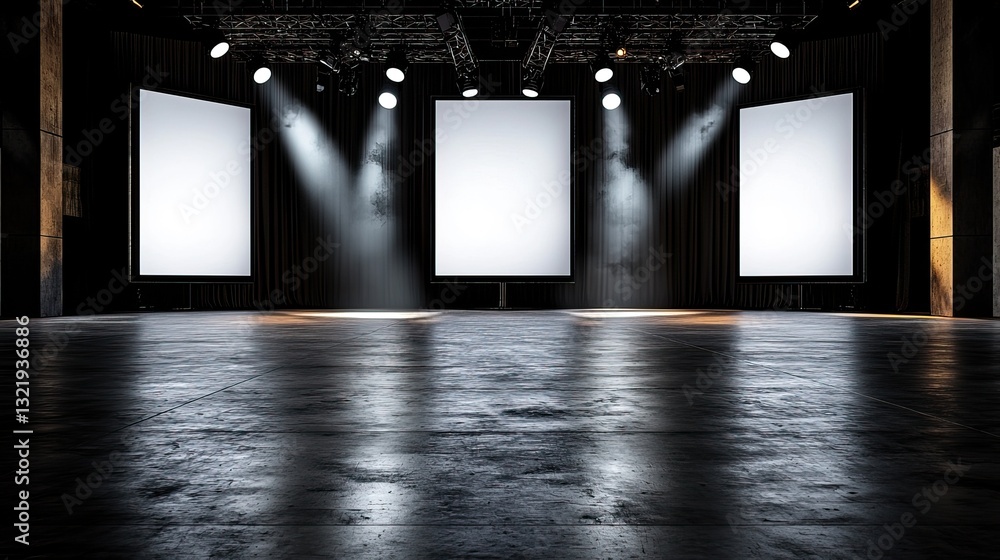 Poster empty stage with backlighting and blank screens ready for presentation or performance.