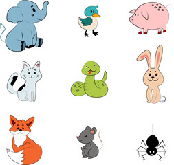 Animal Illustration Set – Rat, Elephant, Cat, Snake, Pig, Spider, Rabbit, Bird, Fox Vector