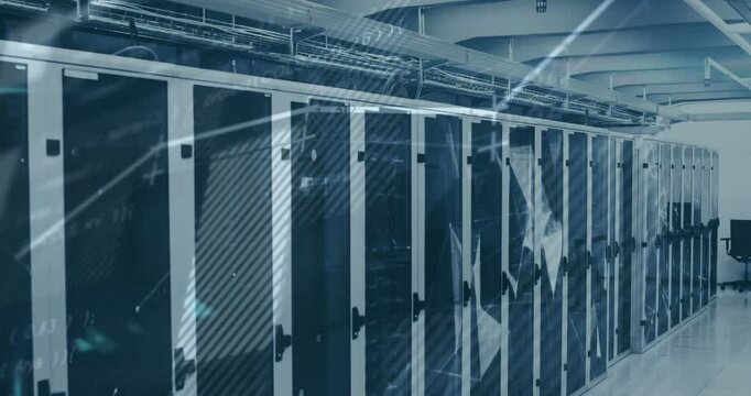 Data processing animation over server racks in modern data center