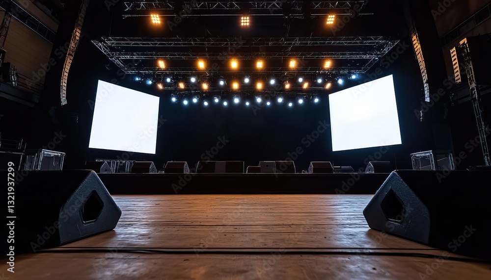 Poster stage setup with lights and screens, ready for a performance or event.