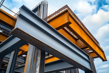 Naklejka premium Steel and iron beams in construction site against cloudy sky