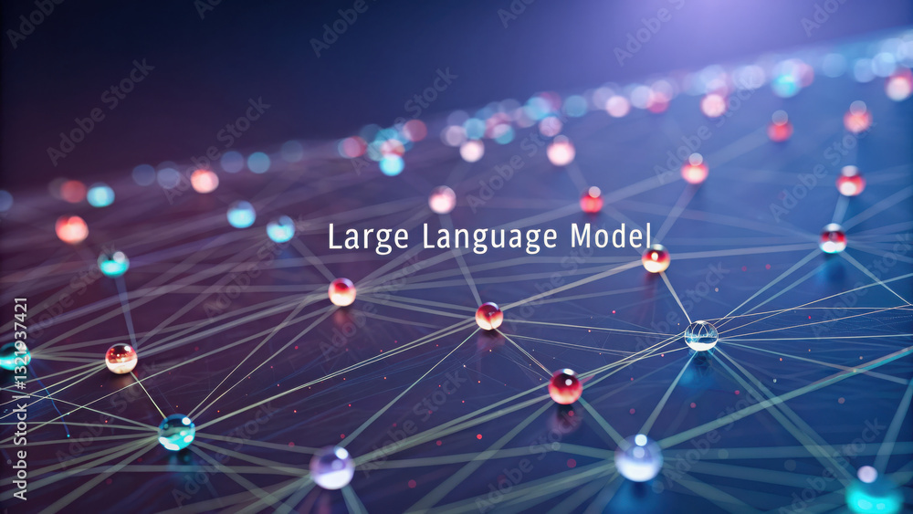 Poster llm, large language model conceot, abstract visualization of ai powered search with colorful nodes a