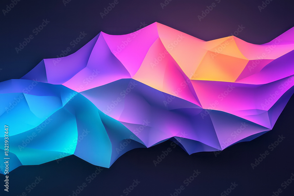 Poster a sleek digital rendering showcasing vibrant, glossy polygonal structures glowing softly in