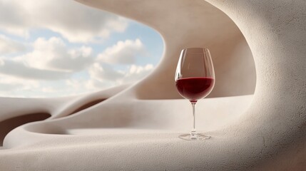 Elegant Red Wine Glass In Modern Sculptural Architecture