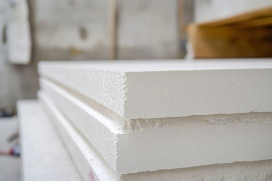 Close-up of white styrofoam insulation sheets in construction setting