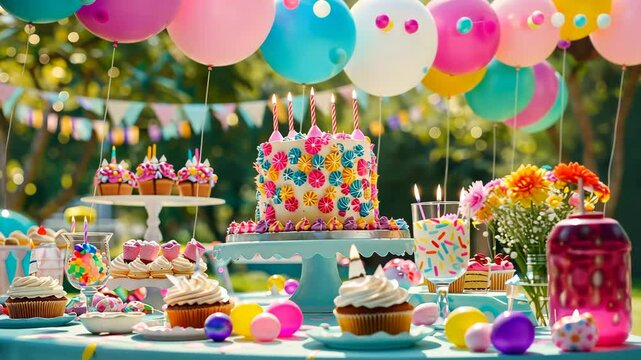 Outdoor birthday party with colorful decorations, balloons, and a festive cake