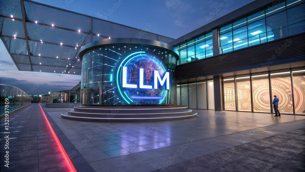 Poster llm, large language model conceot, futuristic research center with llm display and modern architectu
