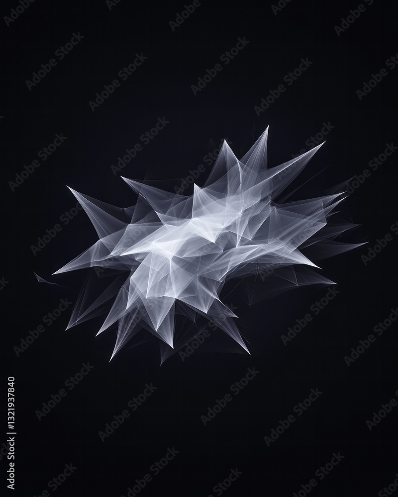 Poster a poetic abstract digital artwork featuring dynamic spiky polygonal geometry rendered in grayscale