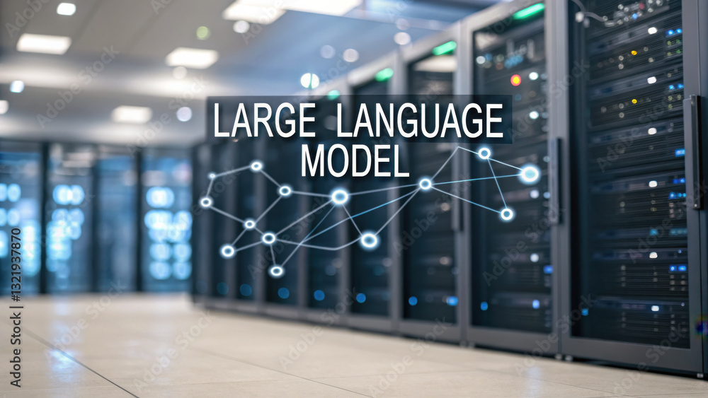 Poster llm, large language model conceot, large language model in data center with servers and technology