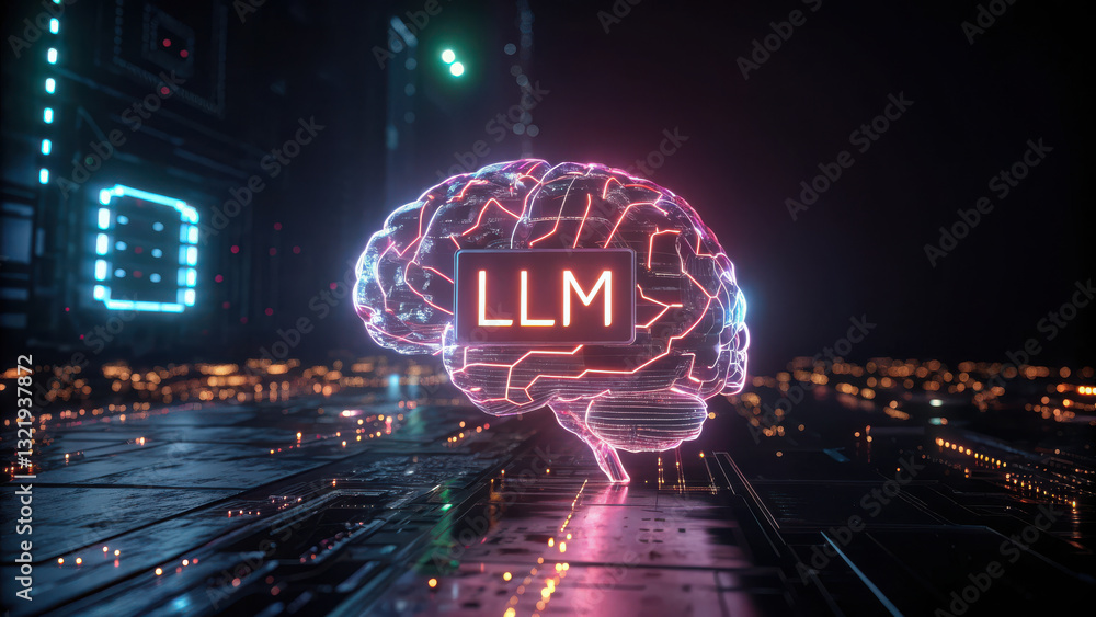 Poster llm, large language model conceot, futuristic digital brain with neon circuits and glowing elements