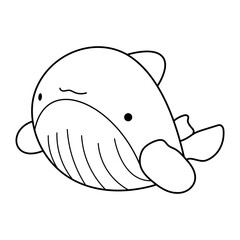 Cartoon Whale Outline Vector Illustration. A black and white vector illustration of a cartoon style whale with a round body, small fins, and a smiling expression.
