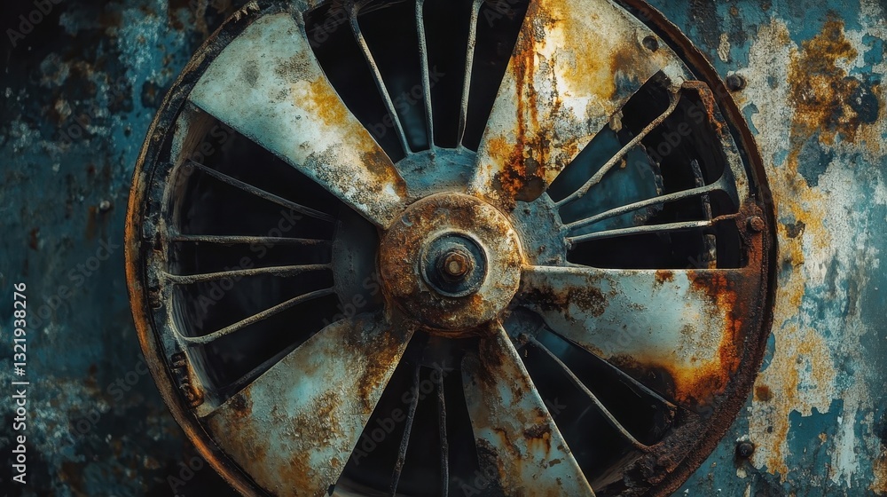 Poster a close up image of a rusty fan and its casing