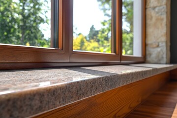Sunlit wooden window frame with granite sill overlooking lush greenery