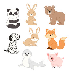 set of isolated cute fox, bear, hare, dog, pig, seal