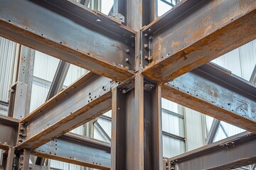 Industrial steel beam structure with rust and bolts in construction framework
