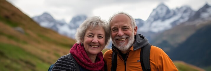 This joyful image captures an elderly couple smiling widely amidst stunning mountain scenery, celebrating life and the beauty of togetherness in nature's embrace.