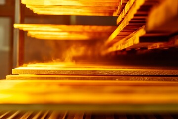 Close-up view of wooden planks in a drying kiln with warm lighting