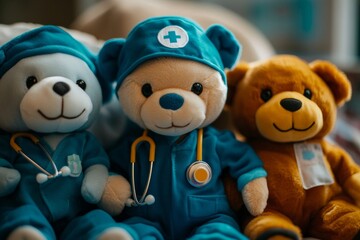 Cute teddy bears dressed as doctors with stethoscopes in blue and brown outfits