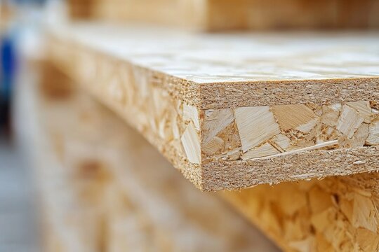 Close-up of stacked oriented strand board (osb) panels with focus on textured edges