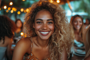 Photo lifestyle lumineuse d’une jeune femme métisse souriante prenant un selfie dans un café en bord de plage, entourée de ses amis en arrière-plan, profitant d’un moment convivial et festif