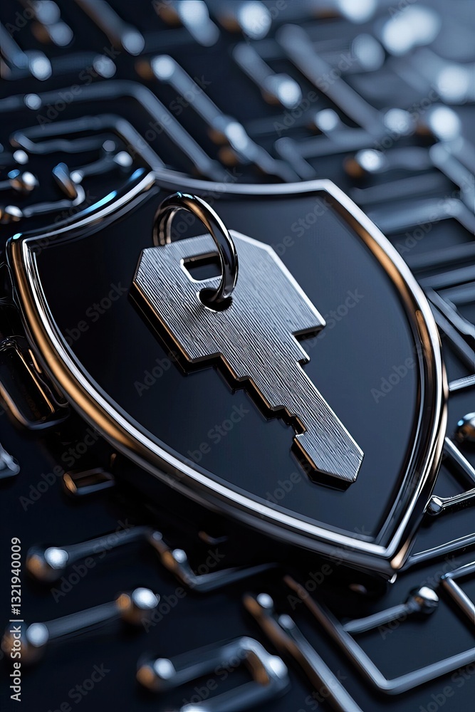 Aufkleber key on a shield representing security and protection in a digital context.