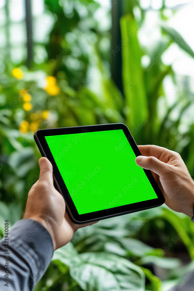 Poster hands hold a tablet showcasing a cutting-edge irrigation scheduling app featuring real-time data on 