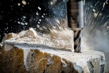 Close-up of industrial drill bit penetrating stone with flying debris