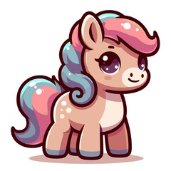 Fototapeta premium Cute cartoon pony with pink and purple mane on light background. Vector illustration perfect for children's products, fantasy themed decorations, or little girl's birthday party materials.