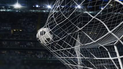  Soccer ball in soccer goal net in a big stadium isolated on big stadium. soccer net.