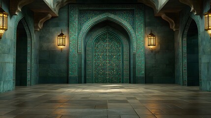 Fototapeta premium Ornate Architectural Interior with Intricate Door and Lanterns