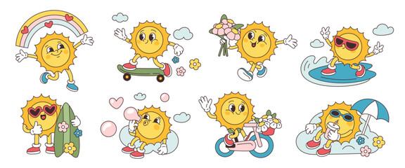 Retro sun character. Funny groovy mascot with faces, feet and hands, different poses and actions, summer weather phenomenon, cartoon flat style isolated hippy character garish vector set