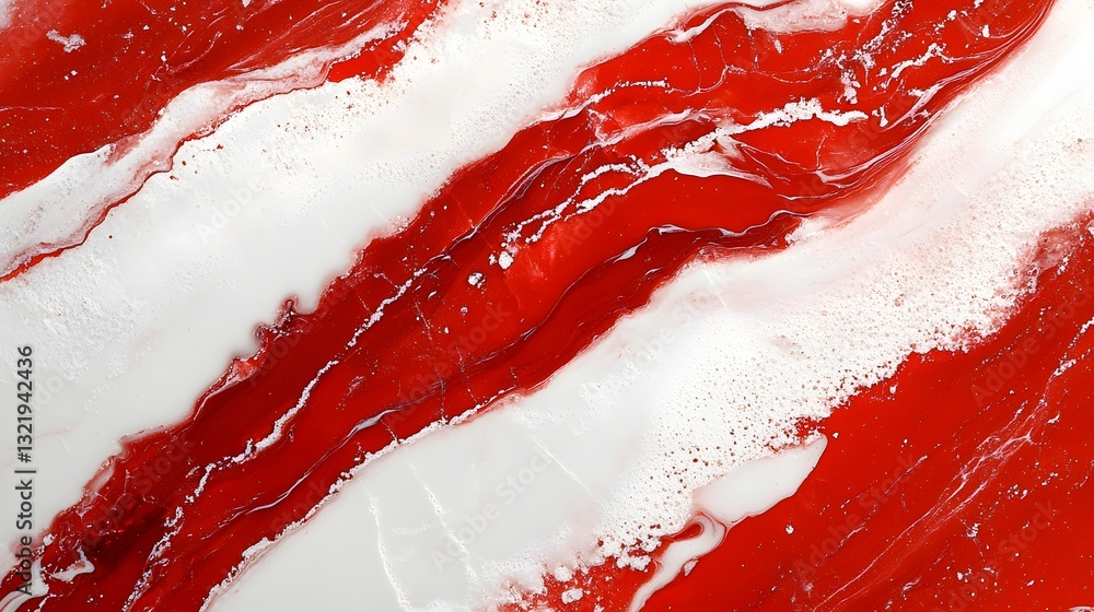 Poster abstract fluid art with red and white waves on canvas